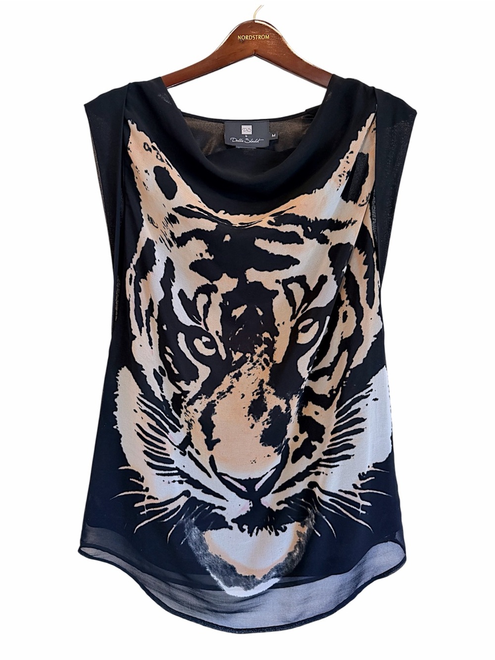 DS by Debbie Shuchat Tiger print draped sleeveless tunic top, lined, sz M